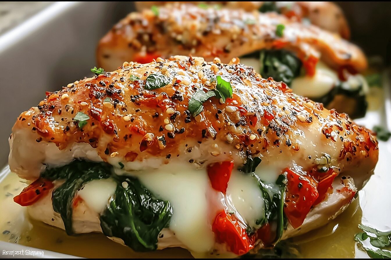 Roasted Red Pepper Spinach Mozzarella Stuffed Chicken