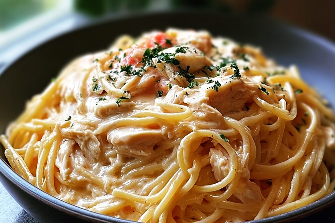 Creamy Crockpot Chicken Spaghetti